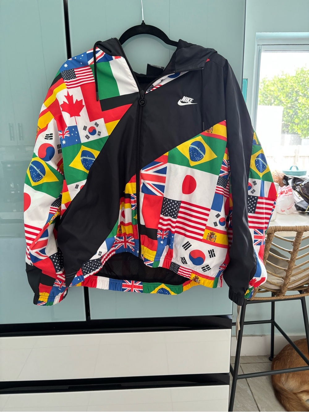 Nike Black Windbreaker Jacket with Multinational Flag Print